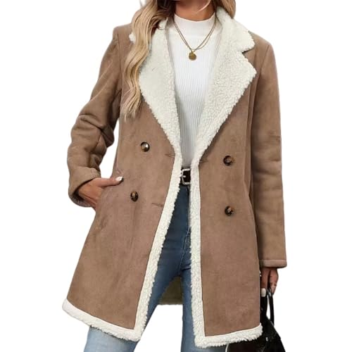 Image of ERTUPE Womens Sherpa Lined Faux Suede Long Jacket Coats Notch Lapel Double Breasted Fleece Fur Leather Winter Warm Overcoat