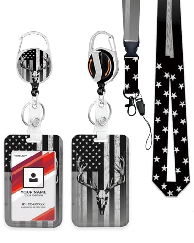 Heavy Duty ID Badge Holder with Retractable Badge Reel Clip, Breakaway Lanyards, Vertical ID Card Holder for Nurses, Doctors, Teachers, Women, Men - Black American Flag and Deer