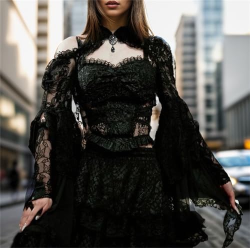 Image of Goth Bolero Shrug Women Lace Sheer Mesh Gothic Flare Sleeve Emo