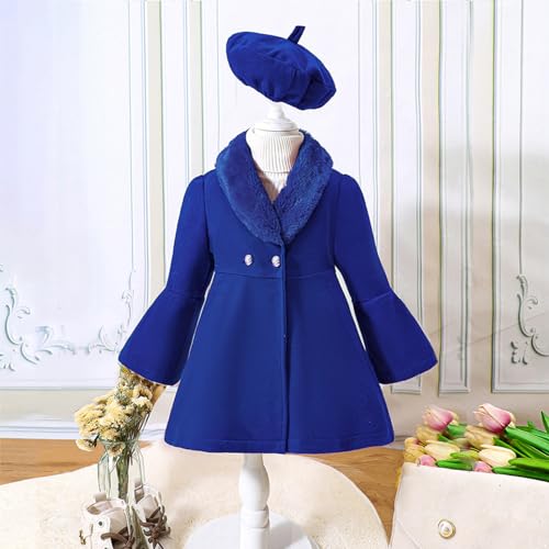 Kids Girls Trench Coat Long Sleeve Furry Collar Warm Peacoat with Beret Hat Set for Casual Wear2