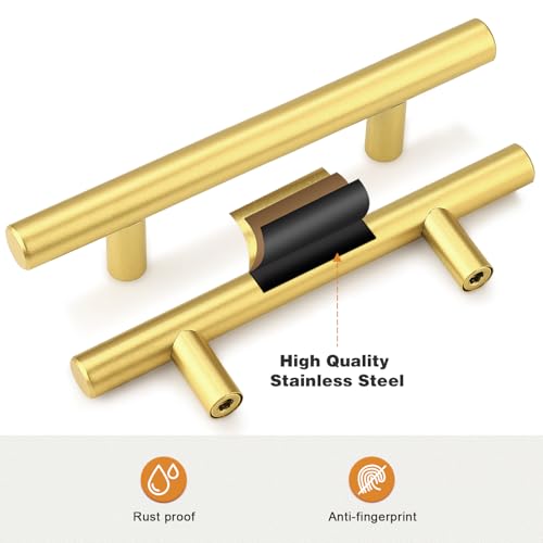 Image of Probrico 5 Pack 3-1 /2 Inch Center-to-Center Kitchen Cabinet Pulls T Bar Gold Cabinet Handles Modern Drawer Hardware Dresser Pulls, 6 Inch Total Length