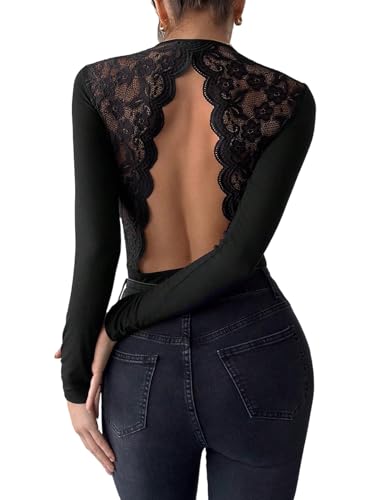 GORGLITTER Body Damen Langarm Bodysuit mit Spitzen Elegant Bodys Rückenfrei Bodysuits Festival Outfit Langarmshirt Overall Schwarz S