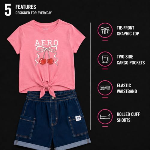 Image of AEROPOSTALE Girls Shorts Set - 2 Piece Soft Short Sleeve Graphic Tees and Twill or Denim Shorts Summer Outfits for Girls