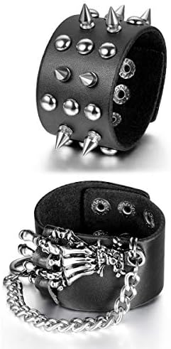 Aroncent 2pcs Spike Studded Rivet Punk Rock Biker Wide Strap Leather Bracelet Chain Wristband Adjustable