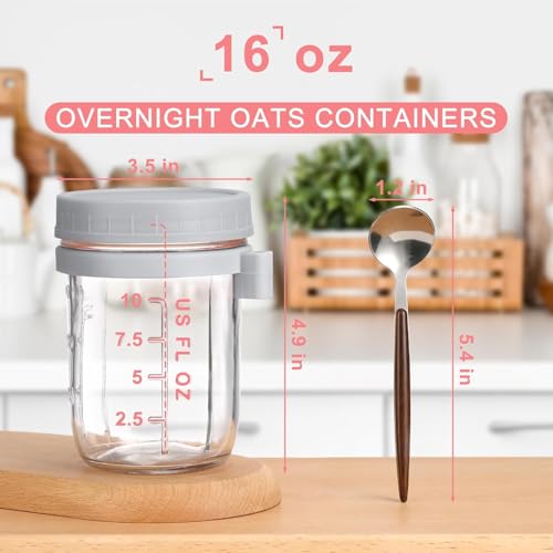 Image of PATZY 350 ml Oats Container With Lids And Spoon set of pc Glass Mason Jars For Overnight Oats Leak Proof Container with Measurment For Cereal Fruit Vegetable Milk Salad Yogurt (Multicolor) (1)