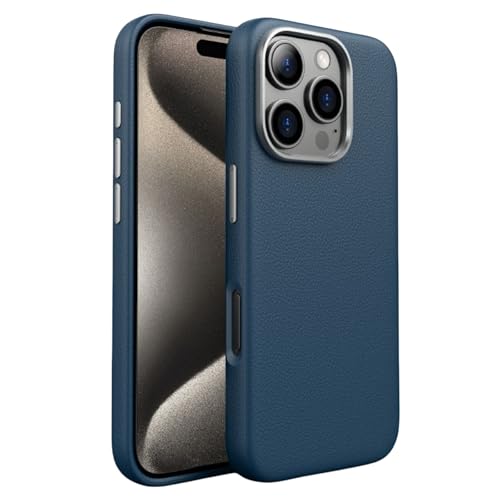 Coque iPhone 16 Pro Max cuir véritable bleu magnétique et anti-choc