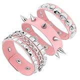 Tosmifairy 3PCS Mens PU Leather Bracelets Set Studded Wrap Wrist Cuffs Punk Rock Y2K Emo Wide Wristband Accessories for Women (Pink)