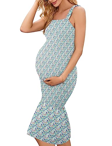 AISWI 2023 Smocked Maternity Midi Dress Summer Floral Bodycon Baby Shower Puff Sleeve Strappy Square Neck Ruffle Mermaid, Blue Floral, Sleeveless, Large