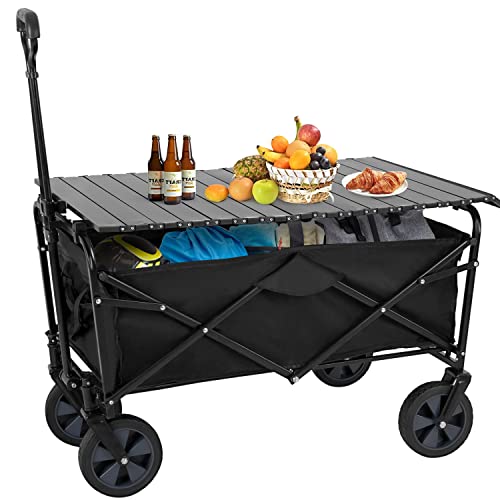 PayLessHere Garden Cart Folding Wagon Collapsible w/Foldable Table Board Universal Wheels for Camping Picnic Outdoor Event
