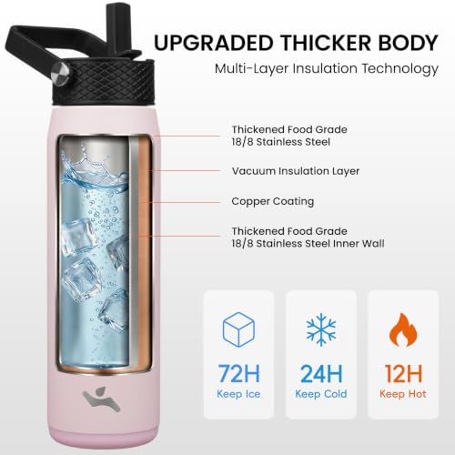 Image of Konokyo 25oz Insulated Stainless Steel Water Bottle with 3 Lids, Leakproof BPA-Free Bottle with Straw Lid, Sip Lid and Flex Cap for Gym, Travel, School, Office, Pink
