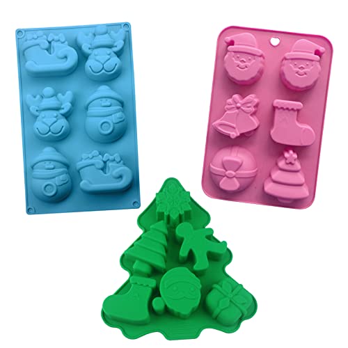 3PC Christmas Silicone Mold,Soap Mold Set,Christmas Tree Snowman Santa Socks Bells Snowflake Shapes Mold Baking Tray for Christmas Candy, Cookies,Candle,Bath Bombs,Giftsâ€¦