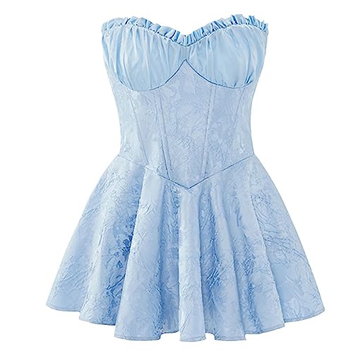 Women Sleeveless Off Shoulder Sweet Mini Dress Corset Boning Lace Jacquard Slim Fit Pink Sexy Strapless Summer Dress