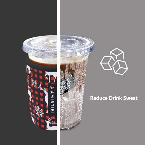 Image of 3 Pack Reusable Neoprene Sleeve for Iced & Hot Drinks, Compatible with Starbucks & Dunkin' Coffee Cup. (Christmas Plaid & Elk)