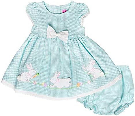 Good Lad Newborn/Infant Girls Turquoise Seersucker Dress with Bunny Appliques (18M)
