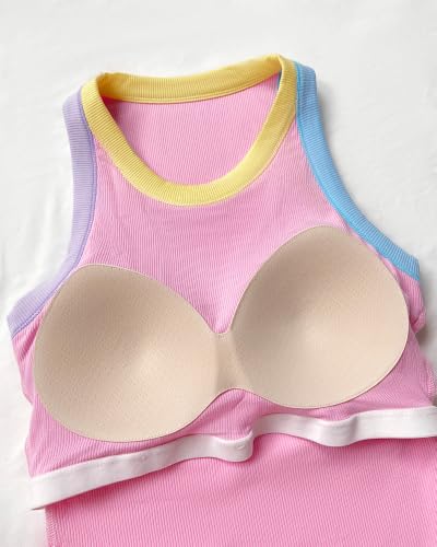 Image of CHICME Womens Sleeveless Ribbed Built in Bra Tank Tops | Color-Block, Crewneck Padded Racerback Shirts, Slim Fit, High Stretch Fabric, Casual Basic Tank for Going Out & Layering