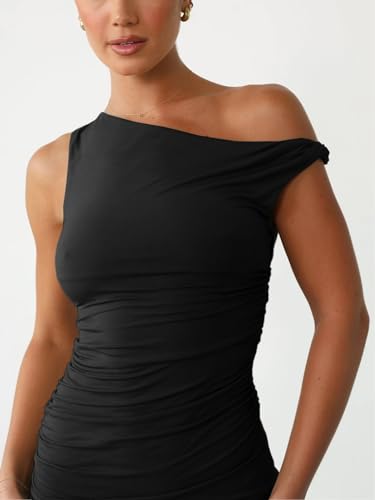 Ekaliy Women's Sexy Ruched Mini Bodycon Dress Off Shoulder Sleeveless Cocktail Short Dresses2
