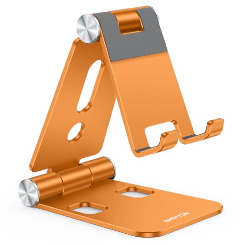 OMOTON Foldable Cell Phone Stand C4 Portable Aluminum Phone Holder Adjustable Phone Dock Cradle Compatible with iPhone 17/16/15 Pro Max Air Samsung Galaxy Small Tablets Smart Phones Orange