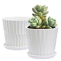 sietpoek Plant Pots - 6.7 Inch Cylinder Ceramic Planters with Connected Saucer, Pots for Succuelnt and Little Snake Plants, Set of 2, White
