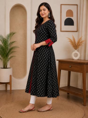 Image of Yash Gallery Women's Cotton Relaxed Fit Anarkali Plus Size Printed Kurta