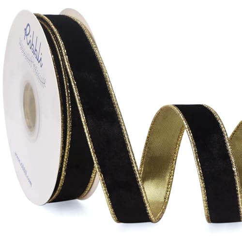 Image of Ribbli Black Velvet Wired Ribbon 1 Inch Metallic Black Gold Crushed Velvet Christmas Ribbon for Gift Wrapping Christmas Tree Decoration Crafts Wreaths Supplies-Continuous 10 Yards