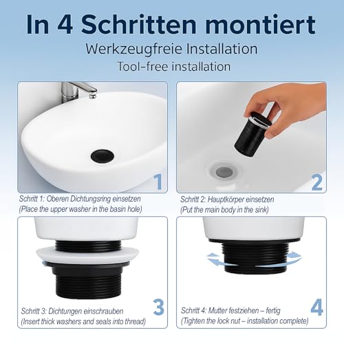 Universal Ablaufgarnitur Waschbecken Ohne Überlauf Schwarz - Pop Up Ablaufventil Waschbecken Click Clack Abflussgarnitur Waschbecken