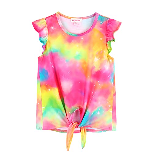 Image of JESKIDS Girls Short Sleeve Shirts Ruffle Tie Front Unicorn /Tie Dye Print Summer Tee Tank Tops 3-11 Years