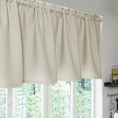 Image of FMFUNCTEX 100% Blackout Valance Curtains for Bedroom, Cream Textured Kitchen Window Curtains 18 Inch Length Thermal Insulated Curtains for Living Room, Rod Pocket Drapes Room Darkening 1 Panel