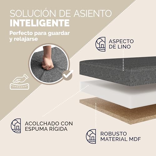 CASARIA® Banco Almacenaje Plegable Puff Reposapiés Otomana Almacenamiento Salón Dormitorio Capacidad Carga 300kg Resistente Efecto Lino 80x40x40cm Gris Oscuro - imagen 8