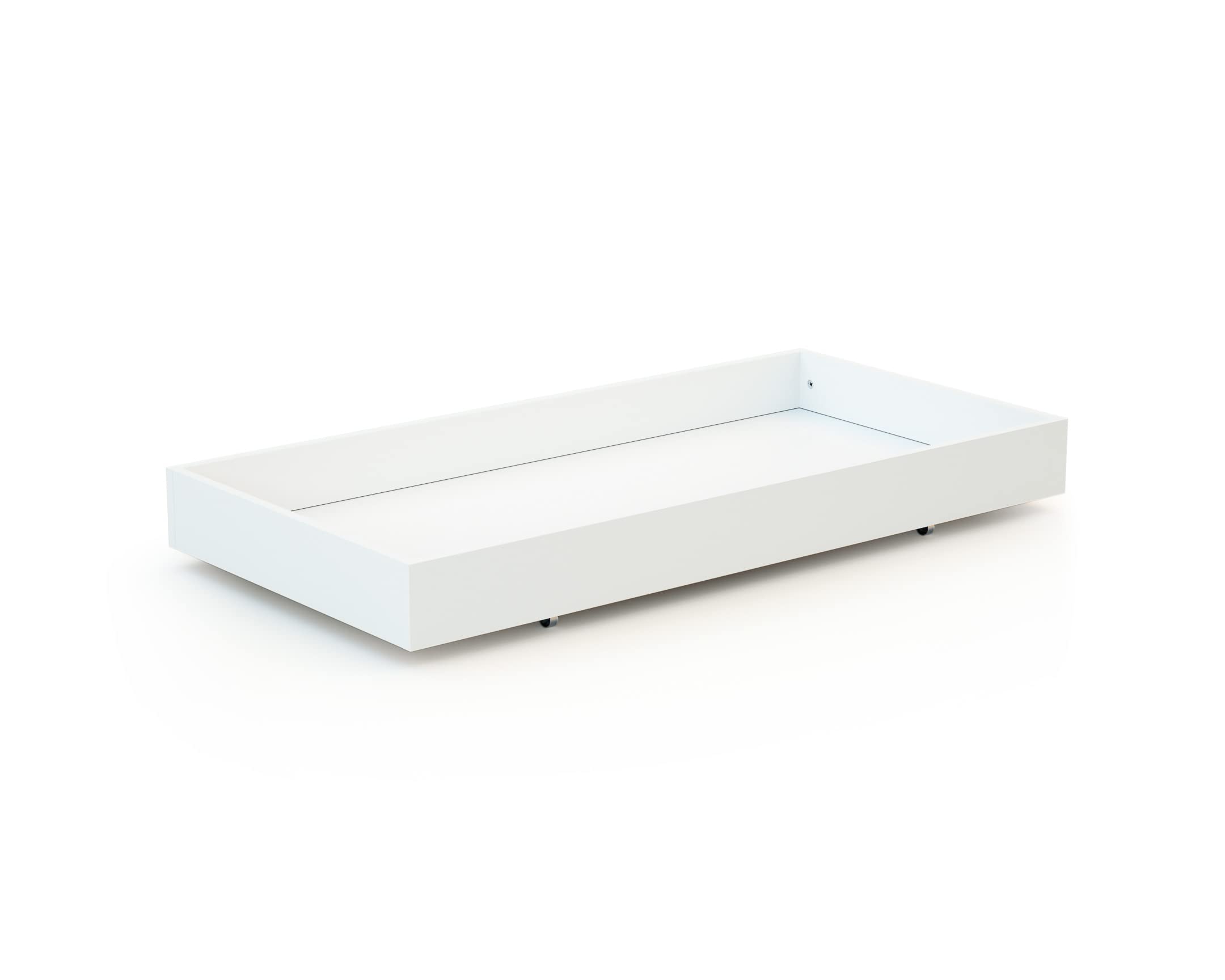 AT4 - ESSENTIEL Cajón de Cama Blanco | Para cuna 60x120 cm | Cajón universal de madera | Cajón con 4 ruedas | Altura 15cm | Almacenamiento práctico y discreto | Ahorro de espacio