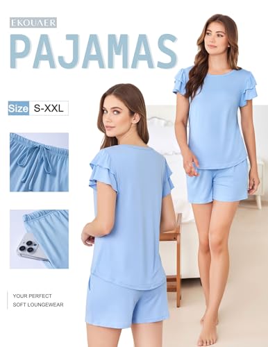 Image of Ekouaer Womens Pajama Sets 2 Piece Ruffle Sleeves Top and Shorts Pjs | Soft Sleepwear Cute Loungewear Set with Pockets for Sleep, Lounge, Wedding, Party, Bridal