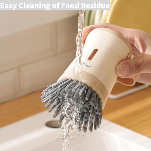 Image of Dishwashing Brush with Soap Dispenser：Dish Brush,for Kitchen Cutlery,Pots and Pans Sink Cleaning,Dishwashing Brush Set with Base (Beige)