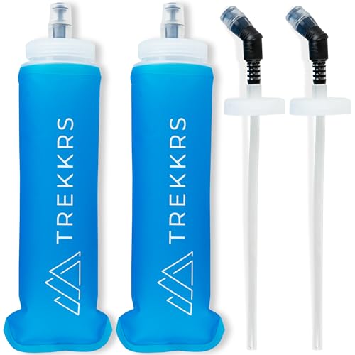 Trekkrs 2 Pack Soft Flask Water Bottles - 500 ml | Leakproof Design | Soft Foldable Running Water Bottle | Running Hydration Bladder Pouch | 2 x Straw Lids 2 x Regular Lids & Easy Cleaning Sachets