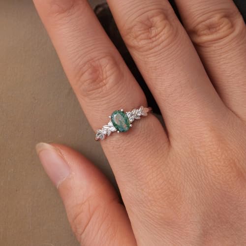 Moss Agate Rings for Women, 925 Sterling Silver Leaf Vine Design Nature Green Moss Agate Engagement Promise Ring, Oval Shaped Natural Stone Rings Jewelry2