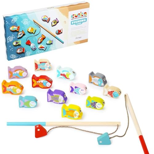 Image of CUBIKA Wooden Fishing Game - Magnetic Fishing Toy for Kids Ages 2+ - Montessori Fine Motor Skill Game with 2 Rods - FSC-Certified Wood, German Water-Based Paints