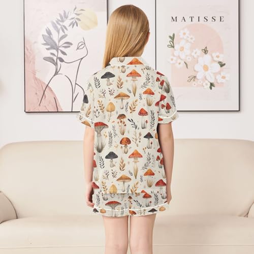 Mushroom Pattern Pajamas Sets Short Sleeve Silk Stain Pjs Button Down Sleepwear for 5-14Y4