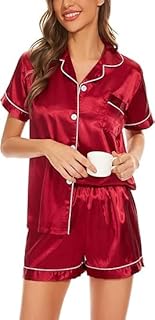طقم بيجامة ساتان للنساء بأكمام قصيرة وأزرار سفلية وشورت، طقم بيجامة من 2 قطعة