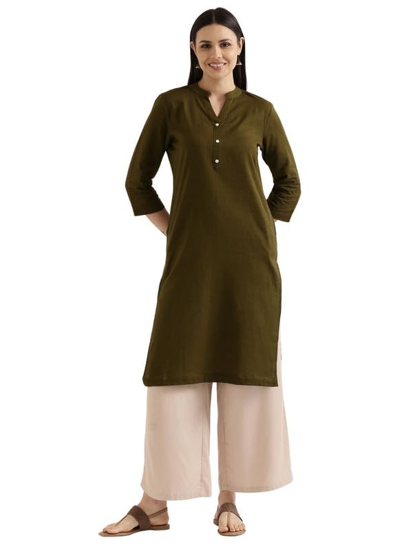 Image of SAADAA Women's Linen Blend Long Kurta with Viscose Palazzo Set | Straight Fit Kurta with Wide Leg Palazzo | Solid Ethnic Co-ord Set for Office & Casual Wear