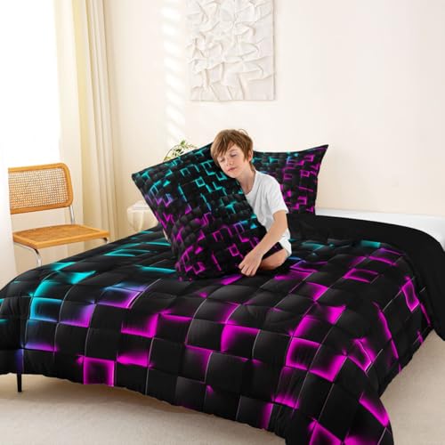 Image of Erosebridal Geometric Checkered Comforter Set Full Neon Teal Purple Bedding Set for Kids Boys Teen Men Gamer Room Decor,Abstract Ombre Plaid Comforter Grids Quilt Duvet Black