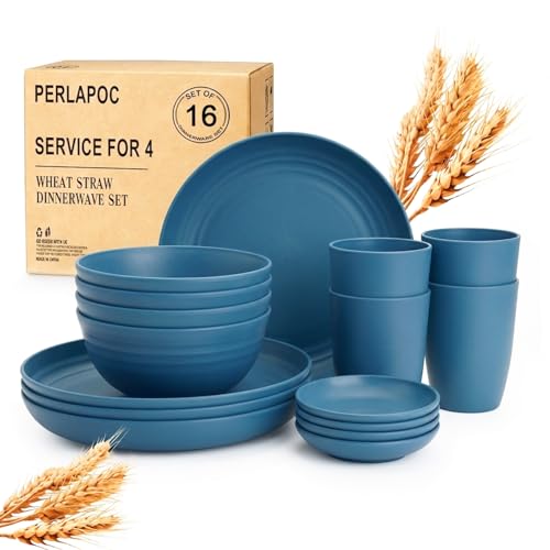 Image of 16 PCS Wheat Straw Plates and Bowls Sets,Kids Dishes Dinnerware Sets for 4,Unbreakable Kitchen Plates and Bowls Set for Travel Dishwasher & Microwave Safe Lightweight Dishes Set - DeepBlue