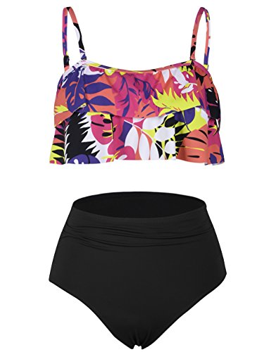 Nonwe Women s Two Piece Bikini Retro Flounce Halter High Waisted Swim Bottom Red Floral XL