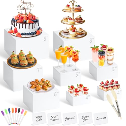 8 Pcs White Buffet Risers with Mini Table Sign Serving Tongs Acrylic Food Risers for Buffet Table Display Stand Shelf for Party Catering Dessert Jewelry Collectibles (Size 9 8 7 6 5 5 4 4)