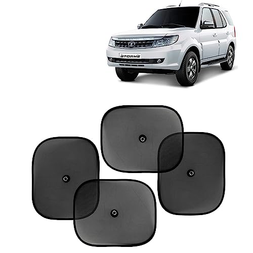 KINGSWAY Car Window Curtain Sticky Sun Shades Compatible with Tata Safari Storme, (Year 2012-2020), Universal Fit Sunshades for Side Window, Rear Window, Black Color, 4 Pieces