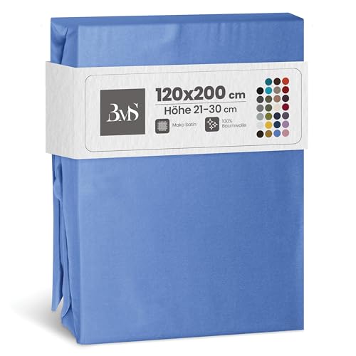 Bettwaesche-mit-Stil Mako Satin Spannbettlaken Spannlaken Spannbetttuch (120 cm x 200 cm, Matratzenhhöhe 21-30cm, Hellblau)