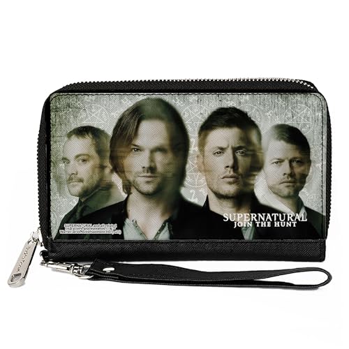 Buckle-Down Supernatural Wallet, Zip Around, Supernatural 4-Character Face Blur and Symbols Grays/Black, Vegan Leather