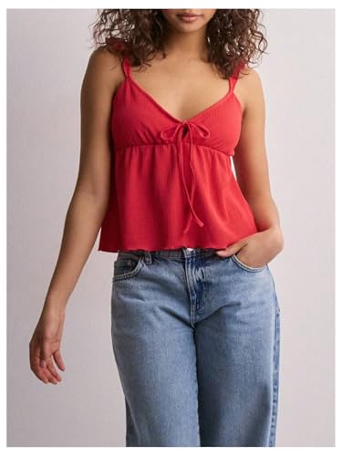 Women's Tie Front V Neck Camisole Top Sleeveless Ruffle Hem Peplum Crop Tops4