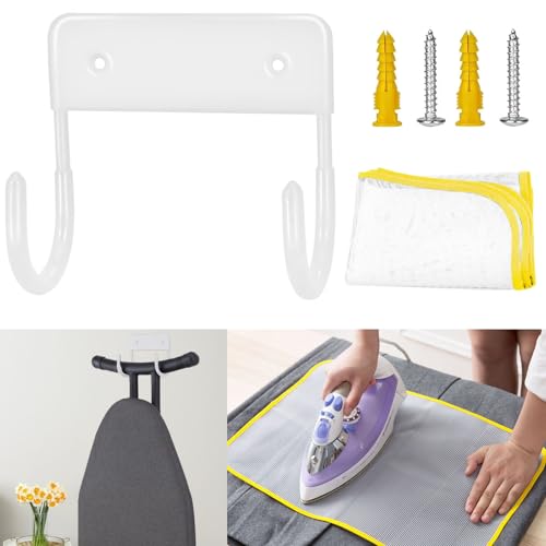 ZYNERY Soporte Tabla Planchar Blanco con Paño Protector para Planchar Colgador Tabla Planchar Metal Soporte Plancha Pared Gancho para Tabla de Planchar Puerta Percha para Colgar Tabla de Planchar