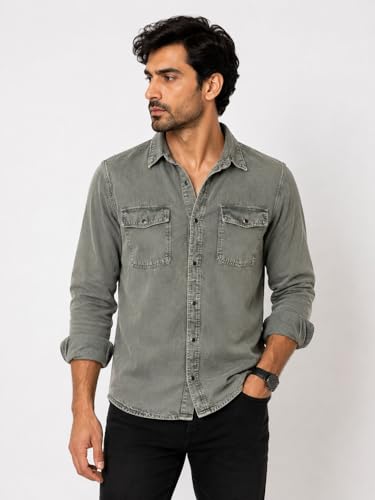Image of Men's Slim Fit Western Denim Shirt with Dual Chest Pockets - Long Sleeve Button-Down Casual | Smart Casual Fashion Wear |Durable Tich snap Buttons.