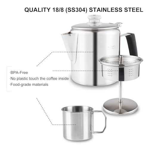 APOXCON Mehrzweck-Perkolator-Kaffeekanne mit 2 Tassen, Kaffeemaschine aus Edelstahl mit hitzebeständigem Knopf aus Borosilikatglas und flammhemmendem Silikatgriff, für alle Herd geeignet, 6 Tassen