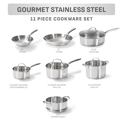 Image of T-fal Stainless Steel Pots and Pans Set 11 Piece, Induction, Oven Broiler Safe 500F, Kitchen Cooking Set w /Fry Pans, Saucepans, Saute Pan, Steamer, Cookware, Dishwasher Safe, Silver