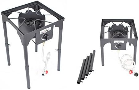 COOKAMP High Pressure Single Propane Burner Outdoor Camping Stove with Adjustable Height. 0-20 PSI Adjustable Regulator and Steel Braided Hose SA1500